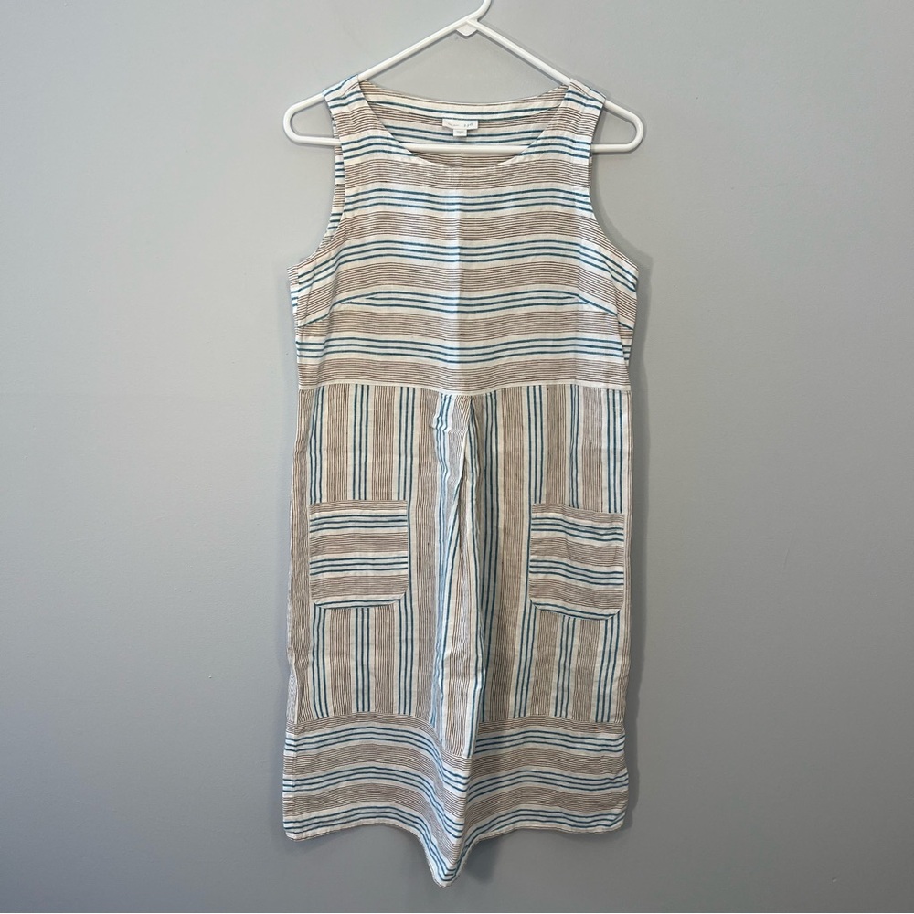 J.Jill Dress Womens Small White Blue Brown Stripes Linen Costal Pockets Beach